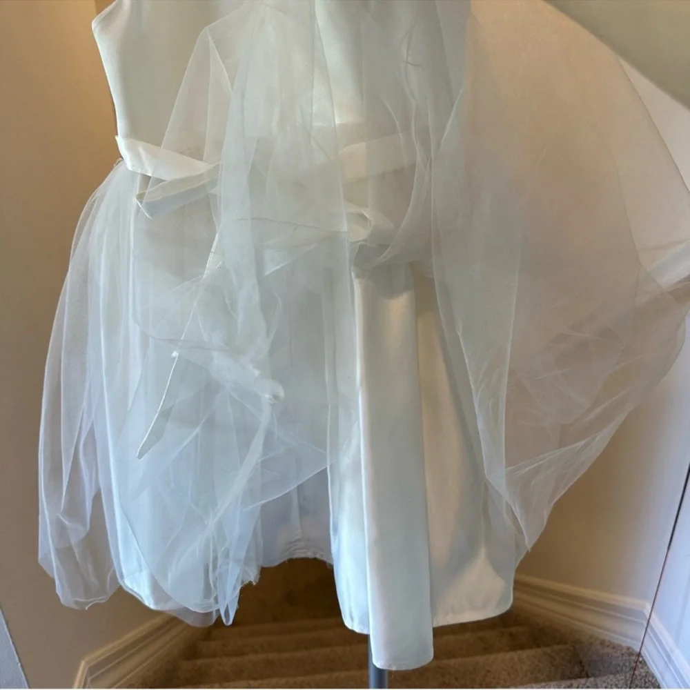 Biscotti Flower Girl White Dress with Lace Shoulders & Matching Bow Headband